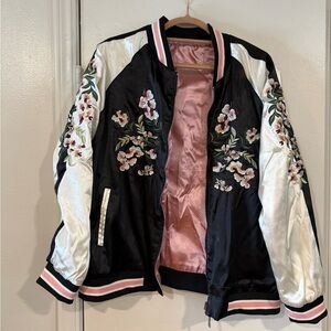 Embroidered Floral Bomber Jacket - Black and White